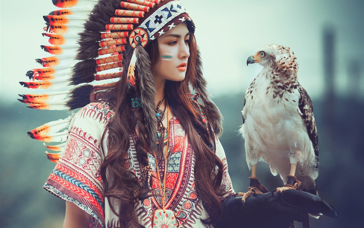 Feathers Hat Girl with Eagle