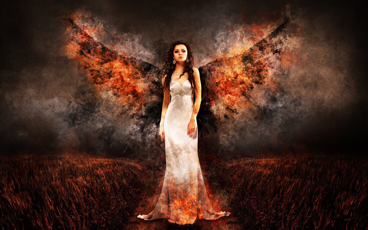 White Dress Girl with Fire Wings