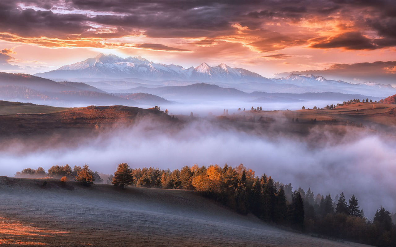 A Foggy Carpathian Mountains in the Autumn Morning