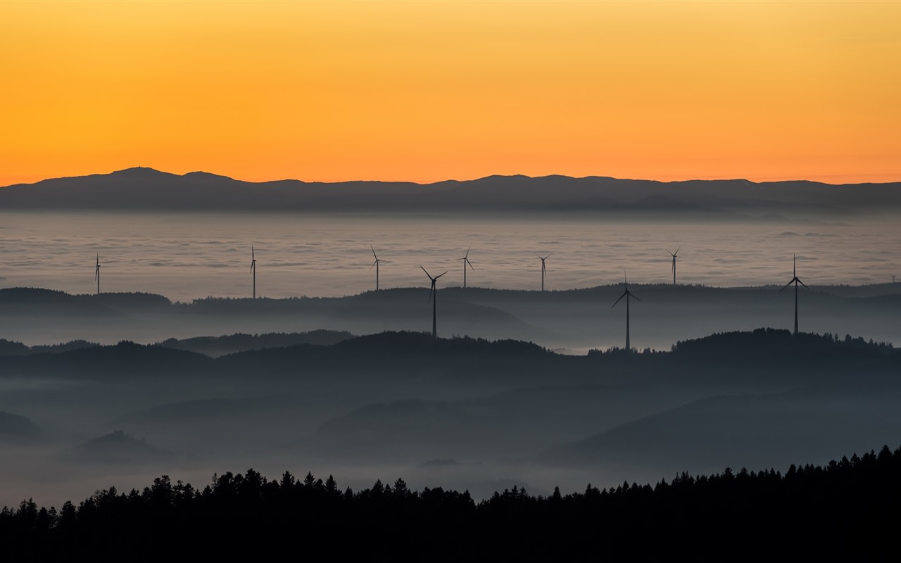 Sunset, Windmills, Fog, Mountains