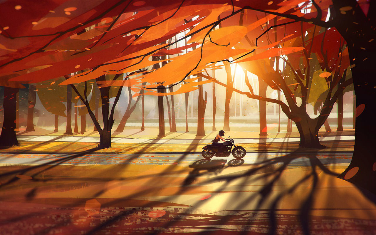Autumn Forest Motorcycle Art Drawing