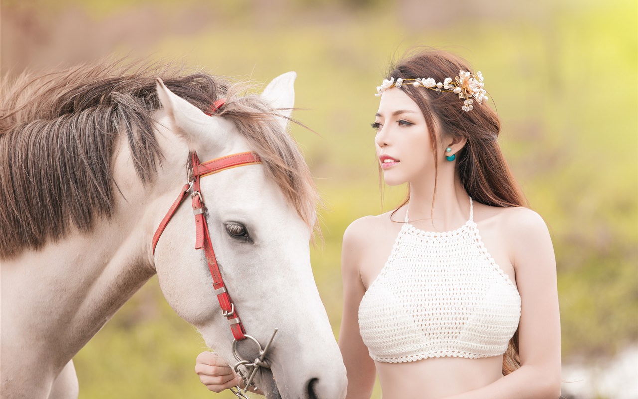 Beautiful Asian Girl and White Horse