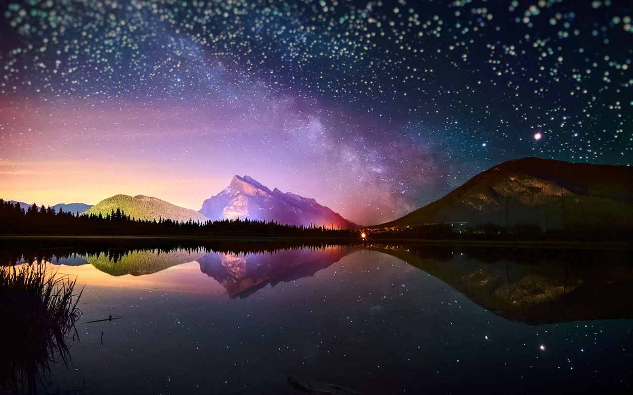 Starry Night Lake Mountain Reflection