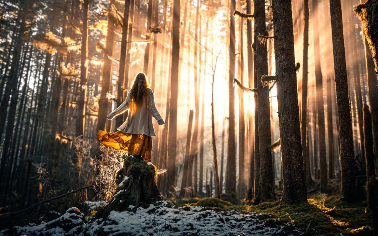 Girl in Forest with Sunlight