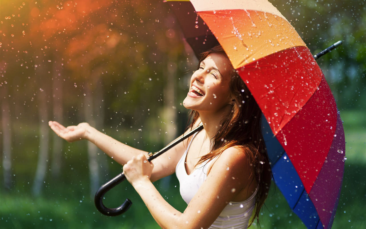 Happy Girl in Rain with Umbrella