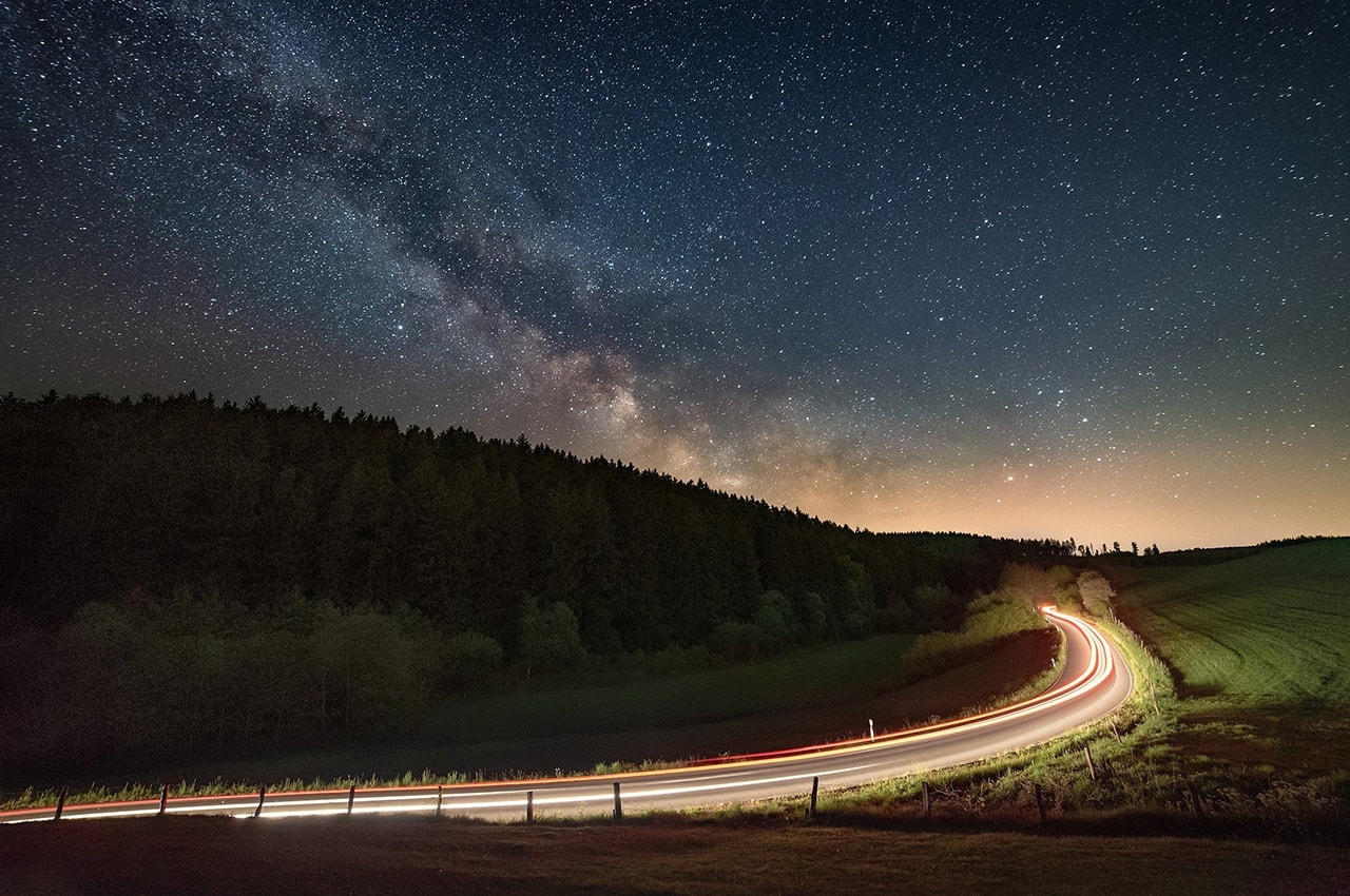 Milky Way Night Traffic Lights Trails